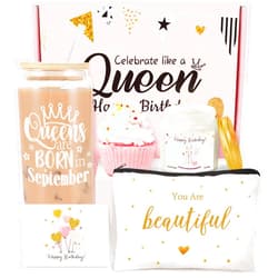 Frerdui Birthday Gift Basket for Women, Funny Happy Birthday Glass Cup Tumbler for her, Women Unique Birthday Gifts Ideas for Box, Happy Birthday Gifts for Friends Female Sister Coworker Her Bestie - September