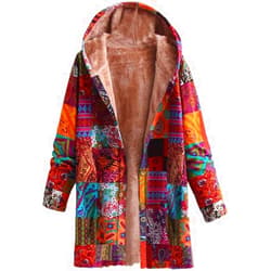 DMOYALA Enthnic Overcoat Womens Warm Fleece Boho Patchwork Sherpa Coats Female Button Up Hooded Sherpa Jacket with Pocket