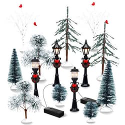 Aoriher 14 Pcs Christmas Accessories Village Figurine Miniature Pine Trees Snow Artificial Christmas Trees Bare Branch Trees Street Lights Lamps for Xmas DIY Crafts Winter Room Landscape (Exquisite Style)
