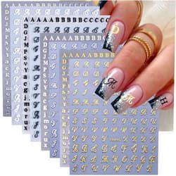 BYJKYEN English Letters Nail Stickers for Nail Art, 8 Sheets English Letters Nail Decals with Retro Design, 3D Self-Adhesive Black White Gold Silver Letters Nail Art Sticker for DIY Nail Decoration Charms