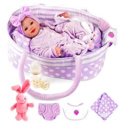 BABESIDE Lifelike Reborn Baby Dolls with Bassinet, 17 Inch Soft Body Realistic Newborn Real Life Girl Baby Dolls Soft Vinyl and Cloth Body with Basket & Feeding Kit Gift Box for Kids Age 3+