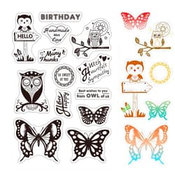 GLOBLELAND Owl Butterfly Animal Clear Stamps Silicone Stamp Cards with Greeting Words Pattern for Card Making Photo Album Decoration and DIY Scrapbooking