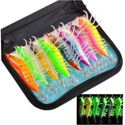 JSHANMEI Luminous Squid Jig Hook Saltwater Fishing Lures Plastic Glow Shrimp Hard Bait Artificial Fishing Lure Set Octopus Cuttlefish
