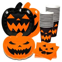 Generic AnyDesign 72Pcs Halloween Party Dinnerware Set Orange Black Pumpkin Themed Paper Plates Cups Napkins Halloween Disposable Tableware Party Supplies for Spooky Themed Party Birthday, Serves 24 Guests