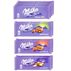 Milka European Chocolate Bars Variety Pack, Alpine Milk Chocolate, Cow Spots, Strawberry & Wholenut Hazelnut, 10 - 3.52 oz Bars