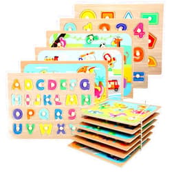 WOOD CITY Toddler Puzzles and Rack Set, Wooden Peg Puzzles Bundle with Storage Holder Rack, Educational Knob Puzzle for Kids Age 2 3 4 Years - Alphabet Number Shape Dinosaur Animal Vehicle