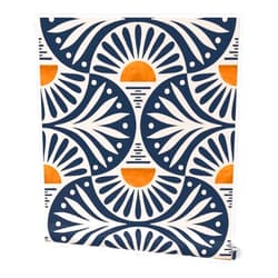 Spoonflower Peel & Stick Wallpaper Swatch - Art Deco Boho Sunset Leaves Gold Geometric Navy Sun Custom Removable Wallpaper by Spoonflower