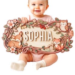 Aydan's unique finds Custom Woodland Nursery Name Sign - Personalized Wooden Baby Name Sign with Forest Animals & Flowers - 3D 2-Layer Birch Wood Wall Decor for Girl Room, Unique Woodland Gift for Baby Shower