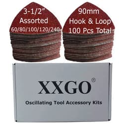 XXGO 100 Pcs 3-1/2 Inch 90mm Triangular 60/80 /100/120 /240 Grits Hook & Loop Multitool Sandpaper for Wood Sanding Contains 20 of Each Fit 3.5 Inch Oscillating Multi Tool Sanding Pad XG9020