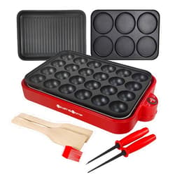 Health and Home Multifunction Nonstick Baking Maker with 3 Interchangeable Baking Plates for Grill,Pan Cake and Cake Pops,Takoyaki Maker.RED