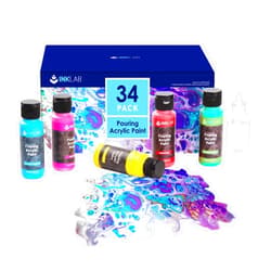 INK LAB Acrylic Pouring Paint Set 34 Colors Pre Mixed Acrylic Paint High Flow with Silicone Oil for Canvas Wood Crafts Rocks Painting, Water Based, 2 Oz/Bottle