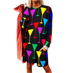 TUBIAZICOL6 Color Martini Glass Women's Long Sleeve Tunic Tops Casual Shirts Crew Neck Long T Shrits with Pocket