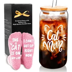 Mason Life Cat Mom Gifts, Cat Lover Gifts for Women, Cat Lover Gifts, Cat Mom Gifts for Women, Cat Mom Socks, Gift for Cat Lover, 18oz Glass Cups with Lids and Straws