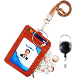 Life-Mate Badge Holder with Zipper, Life-Mate PU Leather ID Badge Card Holder Wallet Case with 5 Card Slots, 1 Side Zipper Pocket & 19
