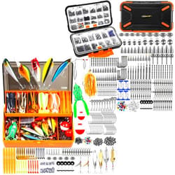 PLUSINNO 397pcs Fishing Accessories Kit and 404 PCS Fishing Lures, Upgrade XL Fishing Tackle Box with Tackle Included