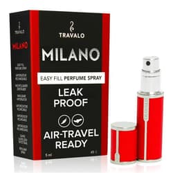 Travalo Milano Perfume Atomizer - Elegant Design for Valentine’s Day - Reusable, Airtight, Easy Fill Mini Pump Sprayer - Vegan Leather with Polished Metal Outer Shell - Red