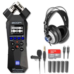 StreamEye Zoom H1essential 2-Track 32-Bit Float Portable Audio Recorder with StreamEye Cans50 Professional Headphones, Lavalier GO Lav Mic, 5 AAA Batteries, USB-C to USB-C Cable and 32GB microSD Card