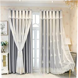 NSAIH European style Double Layer Window Curtain,Blackout Voile Curtain,Floral Embroidery Sheer Curtain & Shading Curtain,Living Room Energy Saving Thermal Insulation Girl Bedroom Eyelet Drapes Valance,1p