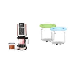 Ninja NC301 CREAMi Ice Cream Maker, Rose Gold & XSKPLID2CD Pints 2 Pack, Compatible with NC299AMZ & NC300s Series Creami Ice Cream Makers, BPA-Free & Dishwasher Safe, Lime & Aqua Lids, 1 1 Pint Rose Gold Ice Cream Maker + Ice Cream Maker, NC300s