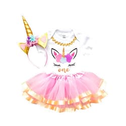 Luke and Lulu Unicorn Birthday Outfit for Baby Girls 3 Piece Tutu Set - 1st Birthday Girl - Pink, Rainbow