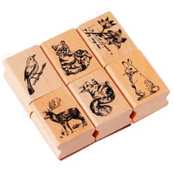 Tvoip 6Pcs Stylish Vintage Cute Animal Plant Wooden Rubber Stamps Scrapbooking Painting Cards Deer Panda Rabbit Flower Decor DIY Craft