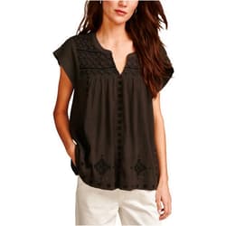 Lucky Brand Women's Short Sleeve Embroidered Smocked Blouse