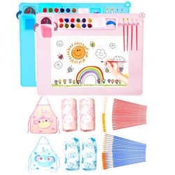 Lymoc 2 Pack Silicone Painting Mat,Silicone Art Mat kit [1x Apron,1 Pair Oversleeve,20 Pieces Brushes] Painting Station Craft Mats with Detachable Cup for Resin for Kids Gift,Painting, Clay