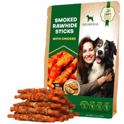 Beloved Pets Dog Smoked Rawhide Sticks Wrapped Chicken & Pet Natural Chew Treats - Grain Free Organic Meat & Healthy Human Grade Dried Snacks in Bulk - Best Twists for Training Small & Large Dogs - Made for USA