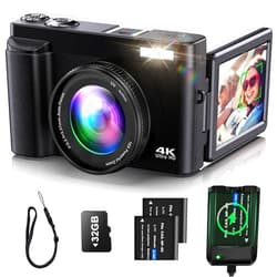 YIGLLO 4K Digital Camera for Photography Auto-Focus Vlogging Camera for YouTube Video with 3'' 180° Flip Screen 16X Anti-Shake 4K Camera Compact Cameras with SD Card, Flash, 2 Batteries & Battery Charger