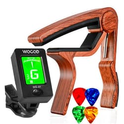 WOGOD Guitar Tuner and Guitar Capo, Clip-On Tuner with Rosewood Color Capo for Acoustic Electric Guitar Bass Ukulele