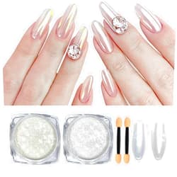 U-Shinein 2 Pcs White Pearl Chrome Nail Powder, Iridescent Mirror Effect Aurora Magic Pearlescent, Glitter Powder Holographic Pigment, Glazed Donut Nails Chrome Powder (Gold & Aurora White)