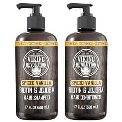 Viking Revolution Spiced Vanilla Mens Shampoo and Conditioner Set with Biotin and Jojoba Oil - Natural Hair Shampoo and Hair Conditioner for Men with Vitamin B5 - Mens Shampoo for Thinning Hair (17Oz)