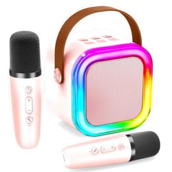 IROO Mini Karaoke Machine for Kids, Birthday Easter Gifts Toys for Girls Boys Friends Age 3-12+, Portable Bluetooth Speaker with 2 Wireless Mics, Karafun Premium Songs Family Home Party(Pinkcolor)