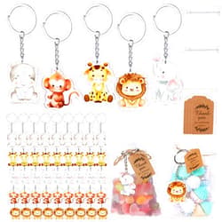 Wettarn 150 Pcs Jungle Safari Animals Baby Shower Favors Party Favors, 50 Cute Keychain with 50 Organza Bags Thank You Kraft Tags and Rope for Guests Girls Boys Birthday Party Supplies