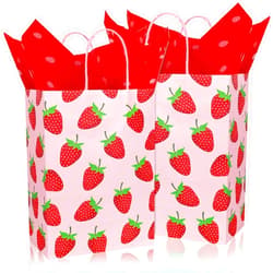Whaline 16Pcs Strawberry Party Favor Bags with 20 Sheets Red Tissue Paper Pink Paper Gift Bags with Handles Fruit Goodie Treat Bags for Sweet One Birthday Baby Shower Party Supplies
