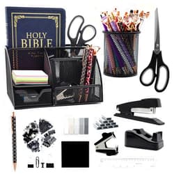 Shellvcase Black Desk Organizers and Accessories,12pcs Office Supplies Set With Pen Holder, Tape Holder, Stapler, Scissors, Ruler, Staple Remover for Office & Study Room, Gift for Coworker
