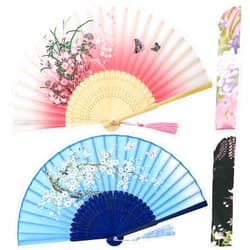 OMyTea Folding Hand Fans for Women - Chinese Japanese Vintage Bamboo Silk Fans - for Hot Flash, EDM, Music Festival, Party, Dance, Performance, Decoration, Gift (Blue Sakura & Pink Grassflower)