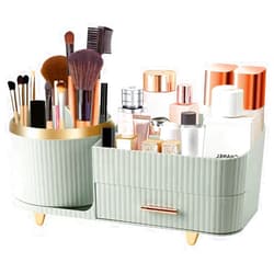 BanYakong 360° Rotating Makeup Organizer for Vanity with Drawers, Large Capacity Cosmetic Display Cases for Cosmetics, Skincare,Perfume, Bathroom Vanity Desktop Organizer (green)