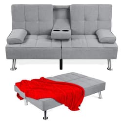Best Choice Products Linen Modern Folding Futon, Reclining Sofa Bed for Apartment, Dorm w/Removable Armrests, 2 Cupholders - Gray