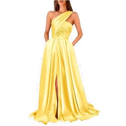 Husplu Satin One Shoulder Prom Dresses for Women 2024 Lace Appliques Formal Evening Dresses with Pockets