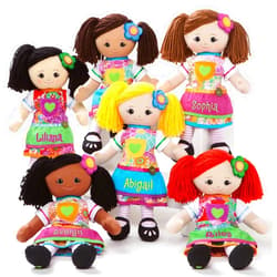 Personalized Planet Rag Doll with Custom Name Embroidered | Blonde Girl Dressed in Floral Skirt with Stripped Stockings and Blue Apron | Yellow Hair with Removable Blue Flower Hair Clip