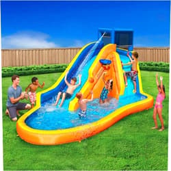 BANZAI Inflatable Water Slide Park - Huge Kids Pool (14' Long by 8' High) with Built in Sprinkler Wave and Hoop - Heavy Duty Outdoor Aqua Blast Lagoon - Blower Included - Inflates in Minutes