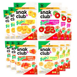 Snak Club Tajin Gummy Candy Fruit Rings, Gummies with Chili and Lime Seasoning, Mild Spice, Gluten-Free and Vegan Snacks, Assorted Variety, Mango, Pineapple, Peach, Watermelon, Snack Size 12 Pack