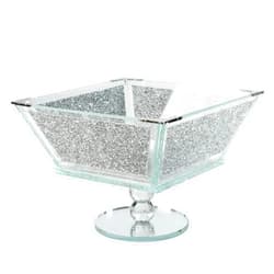 London Boutique Crystal Extra Large Fruit Bowl Centre Piece Storage Sparkle Crushed Diamond Filled Silver Metal Frame Square Shape 7.5 Inches Height