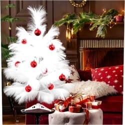 Erivc 35in Artificial Table Top Feather Christmas Tree, Holiday Xmas Tabletop Tree with Fiber Branch Tips for Home, Office, Party Decoration, White