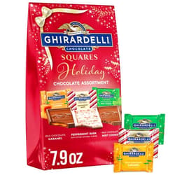 Ghirardelli Limited Edition Holiday Assorted Squares Bag, 7.5 Ounces - Milk Chocolate Caramel, Peppermint Bark, and Milk Chocolate Gingerbread Cookie