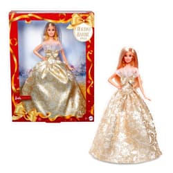 Barbie Signature 2025 Holiday Blonde Fashion Doll Wearing Silver & Gold Gown, Seasonal Collector in Displayable Packaging & Stand