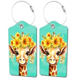 BestEioyo 2 Pack Luggage Tag for Suitcase, Cute Unique Leather Bag Tags Identifiers Privacy Cover ID Label with Durable Steel Loop for Women Men Kids Girls Travel，GiraffeJ