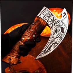 MR. CRAFT Pizza Cutter Axe Carbon Steel Slicer Chef Viking Axe with Leather Cover - Premium Pizza Oven Accessories Ulu Rocking Pizza Gifts for Men (Engraved Ash Wood)