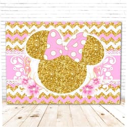 VV Backdrop Minnie Mouse Backdrop Gold and Pink 7x5 Glitter Minnie Mouse Ears Bowtique Background Happy Birthday Vinyl Cherry Flower Minnie Mouse Theme Baby Shower Backdrops for Girl